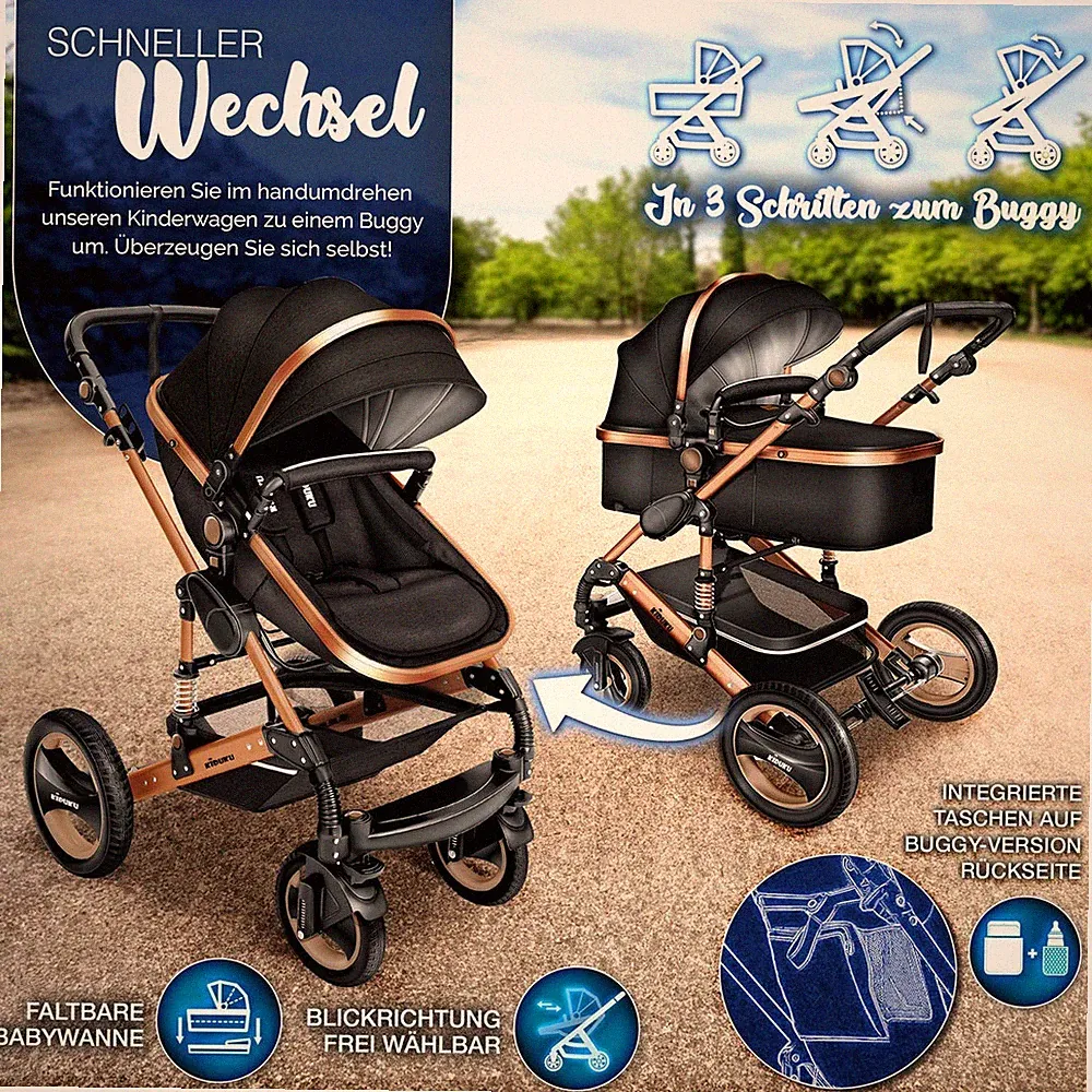 KIDUKU 3 in 1 Kombi-Kinderwagen super Qualitaet mit Auto-Babyschale - Braun/Gold