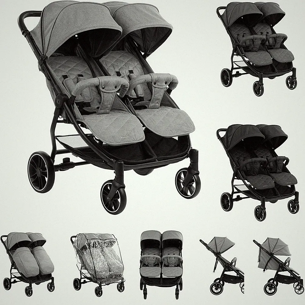 Kikkaboo Zwillingskinderwagen Happy 2, faltbar, Regenschutz, Fußsack, gefedert