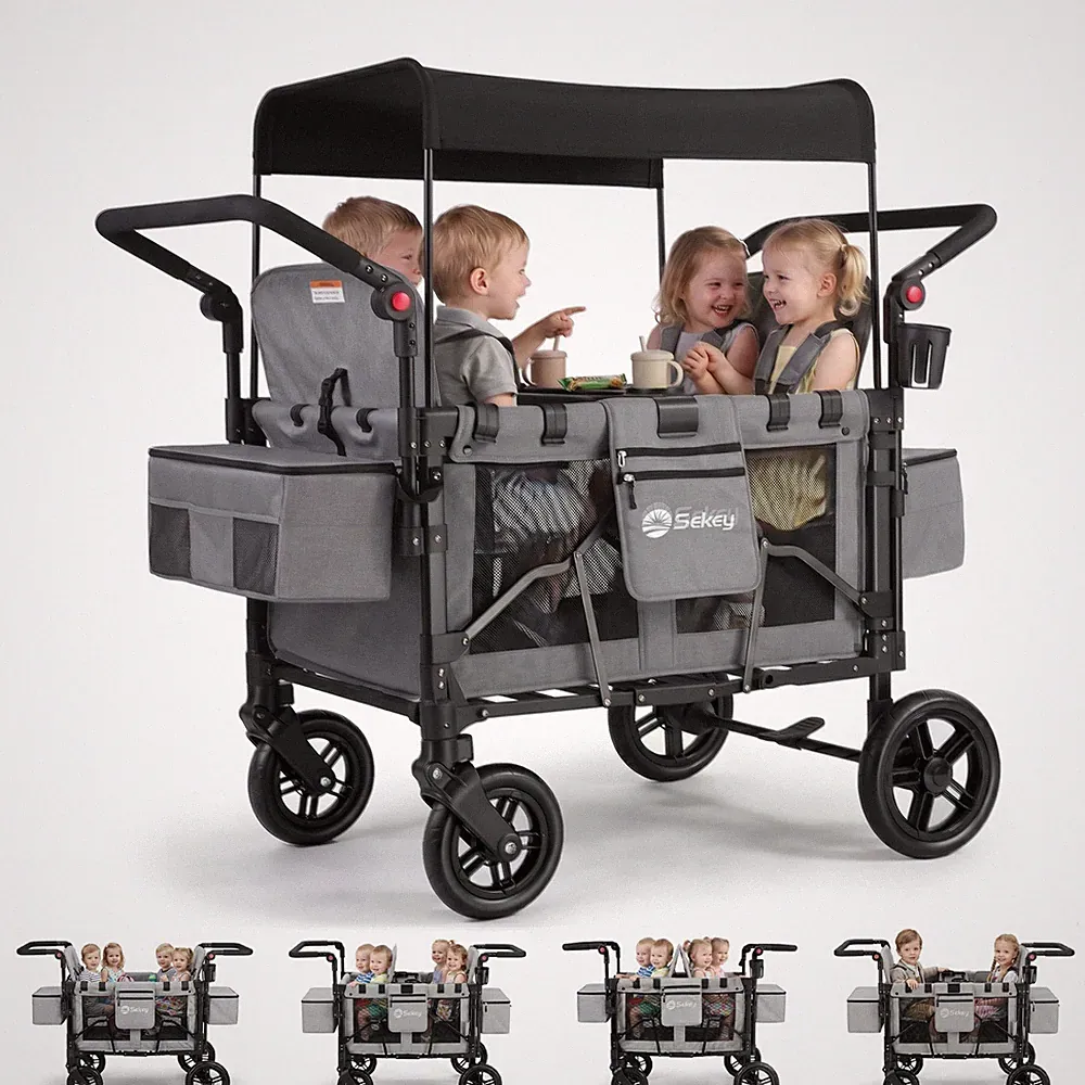 Kinder Bollerwagen Faltbar mit 4 Sitze Kinderwagen Klappbar Handwagen mit Dach