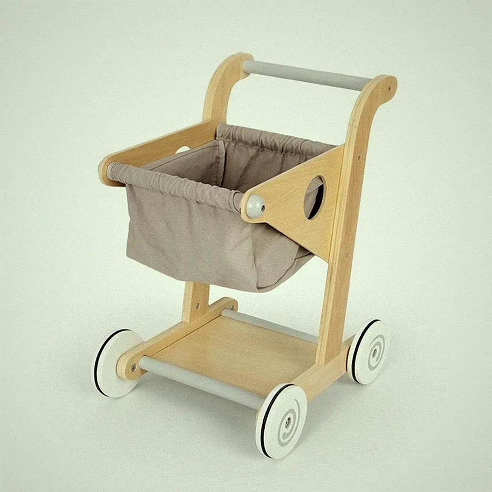 Kinder-Einkaufswagen aus Holz kompakt Lauflernwagen mit Stoffkorb langlebig