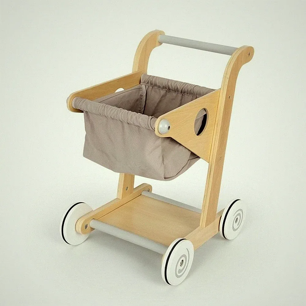 Kinder-Einkaufswagen aus Holz Kompakt Lauflernwagen mit Stoffkorb Stabil