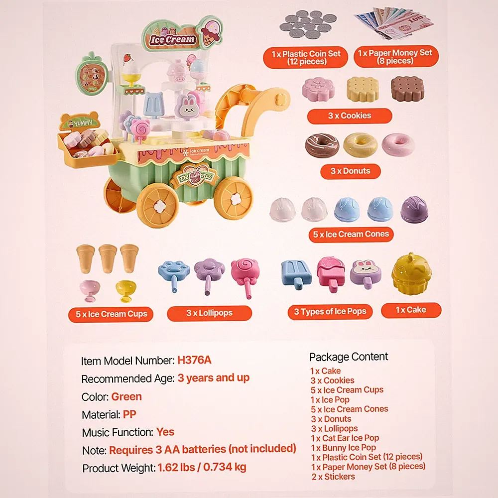 Kinder Eiswagen Spielzeug Rollenspiel Licht Sound Eisdiele ab 3 Jahre