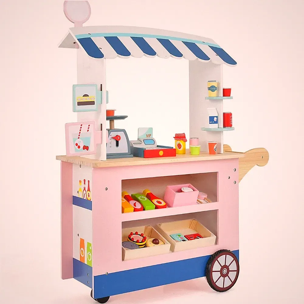 Kinder Foodtruck aus Holz mit 30 Zubehörteilen Lebensmittelwagen Spielzeug