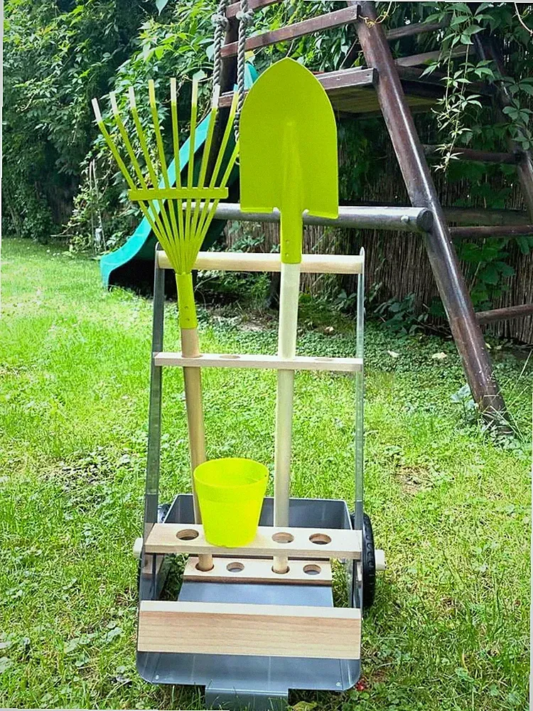 Kinder Gartenwagen Set Holz Gartenspielzeug Schubkarre Zubehör 3+ Trolley