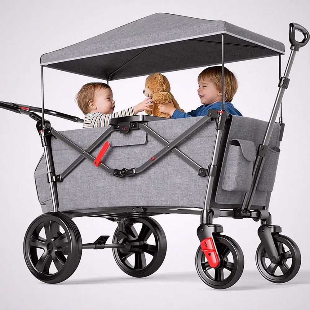 Kinder Handwagen mit Dach, 2-Sitzer, Faltbar, 5-Punkt-Sicherheitsgurt, Wickel...
