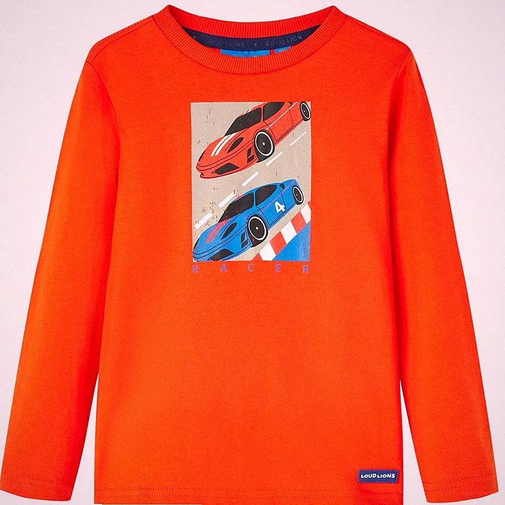Kinder Langarmshirt Rennwagen-Aufdruck Pullover Sweatshirt T-Shirt Hellorange vi
