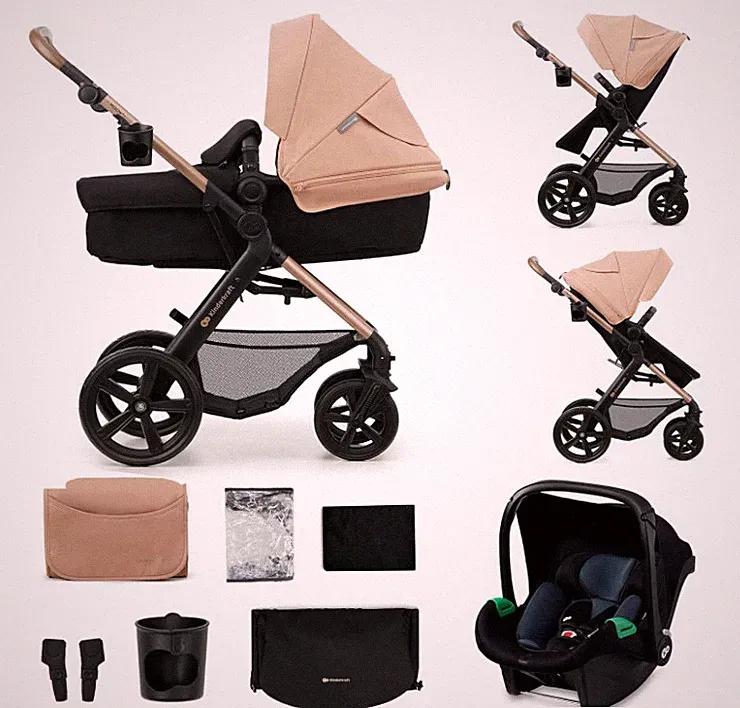 Kinderkraft MOOV2 Kinderwagen 3 in 1 Kinderwagenset bis 26 kg, Babyschale, beige