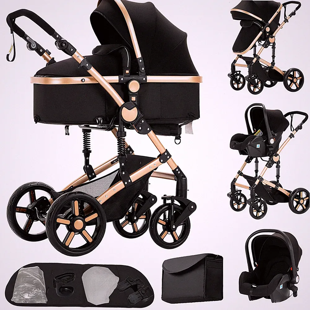 Kinderwagen 3 in 1,Dreibucherrahmen & Doppel-Federung,Ein-Klick-Faltmechanismus
