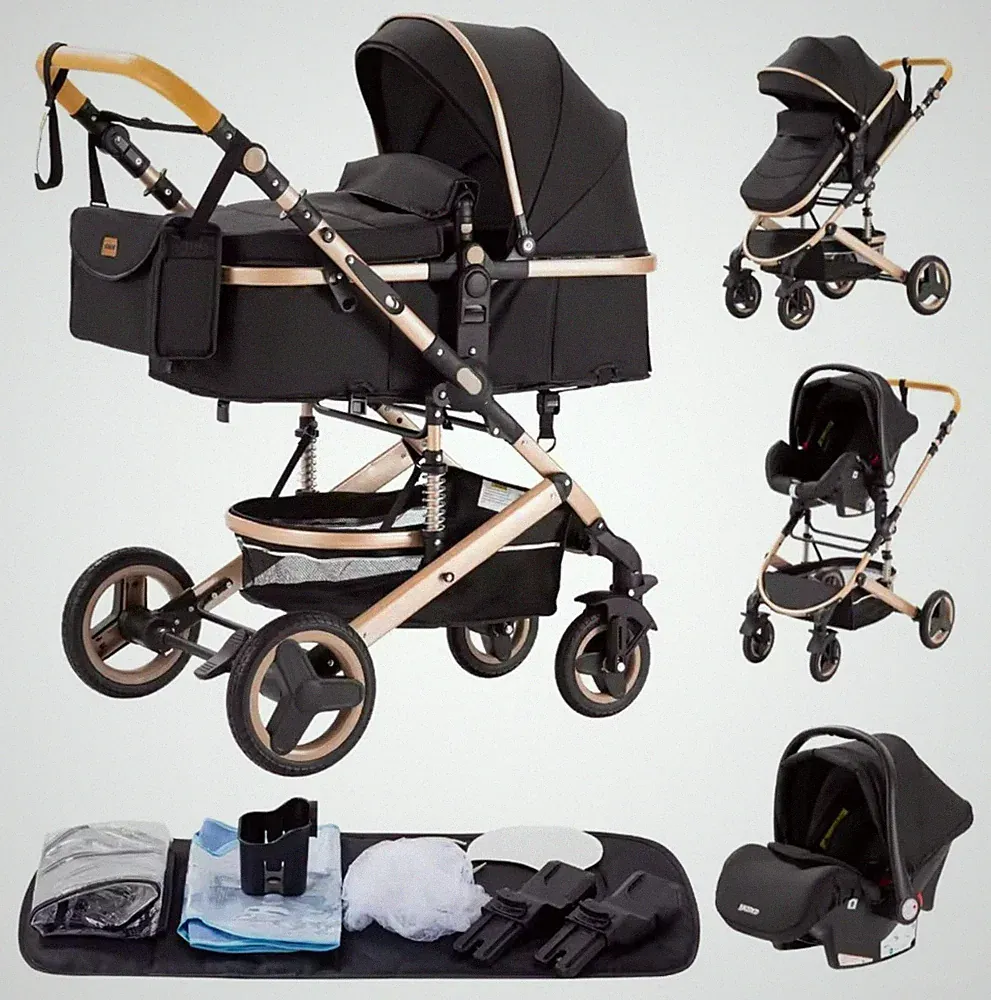 Kinderwagen 3in1 Black Gold – Babywagen, Buggy & Autositz Set