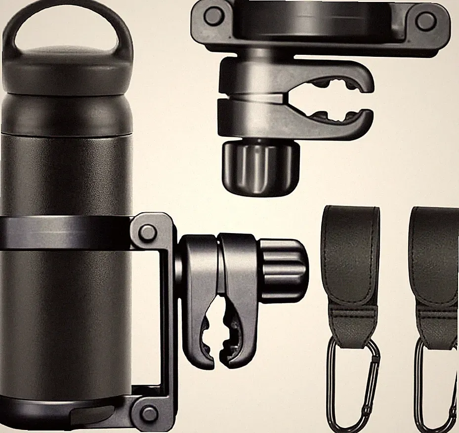 Kinderwagen Getränkehalter mit Haken - Universal, 360° Dreh, klappbar, schwarz