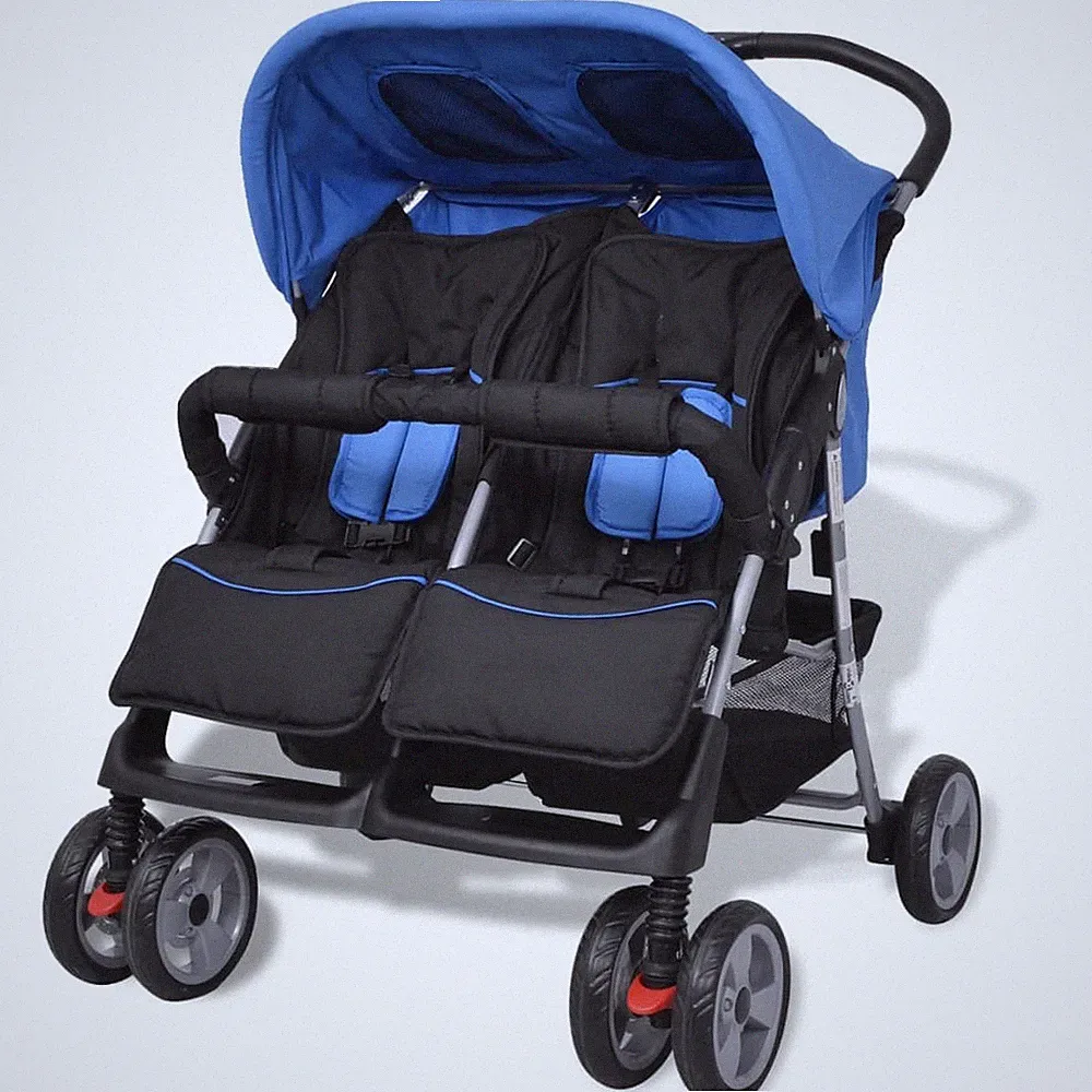 Kinderwagen Kinderkarre Buggy Zwillings-Geschwisterwagen Stahl Blau Und Schwarz
