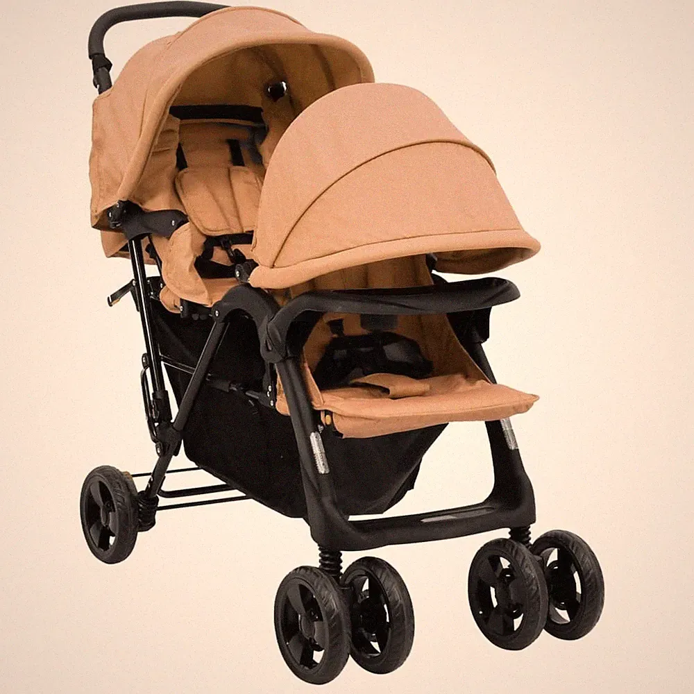 Kinderwagen Kinderkarre Buggy Zwillings-Geschwisterwagen Taupe Stahl