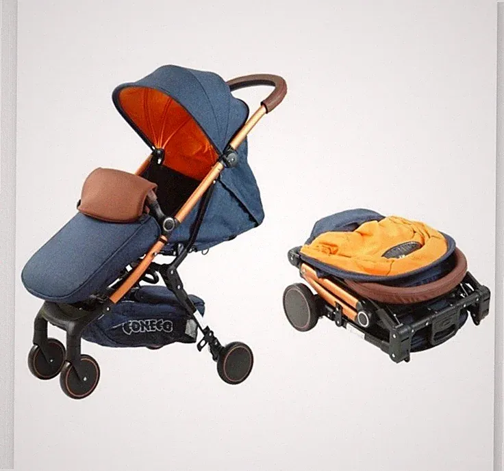 Kinderwagen klappbar Reisebuggy blau-orange mit Lederdetails