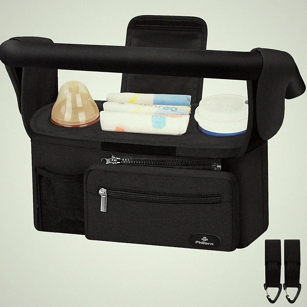 Kinderwagen Organizer mit 2 Isolierten Getränkehaltern, Schwarz