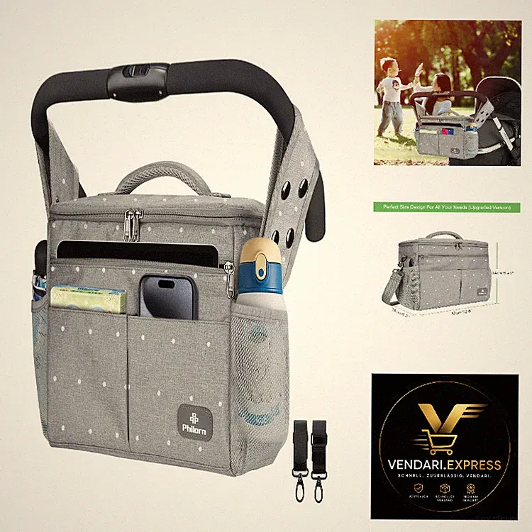 Kinderwagen Organizer mit Isoliergetränkehalter 12L Schultergurt Grau