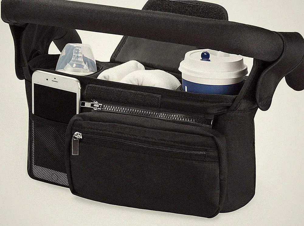 Kinderwagen Organizer mit Isoliertem Becherhalter, Kinderwagentasche in Schwarz