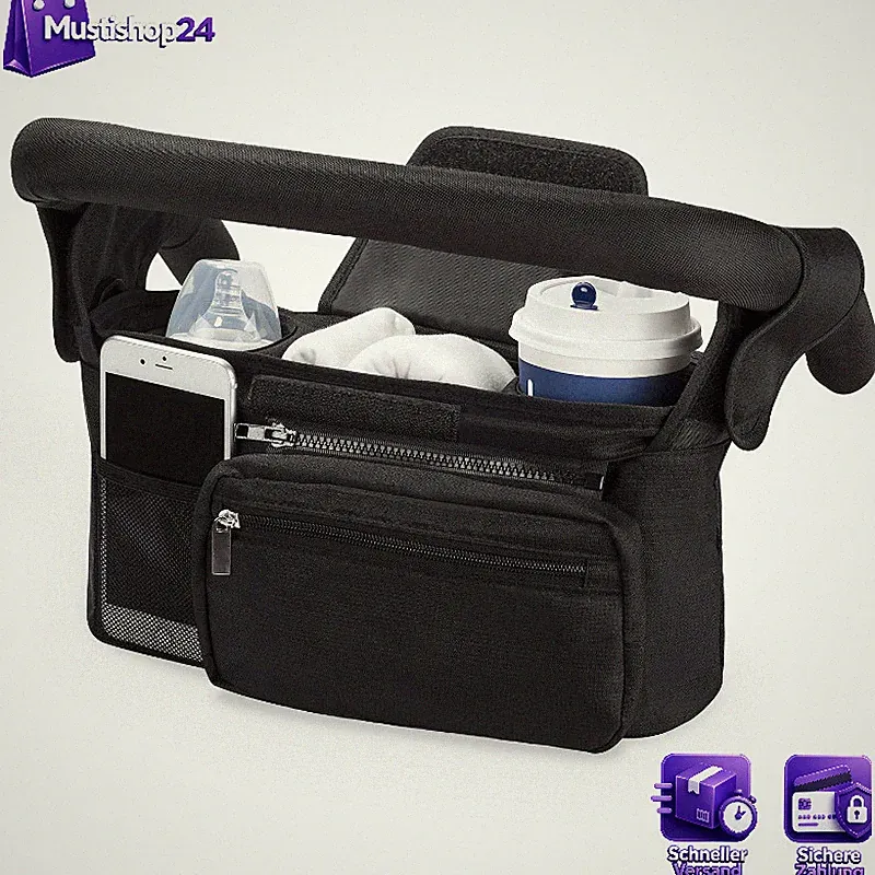 Kinderwagen Organizer Schwarz mit Getränkehalter und Reißverschluss Tasche für