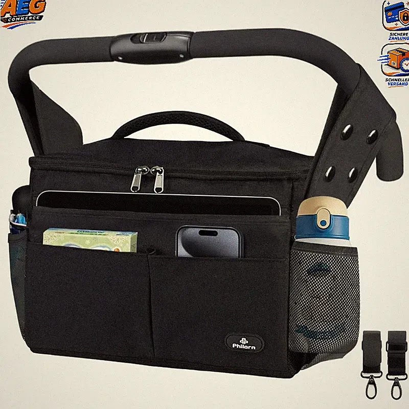 Kinderwagen Organizer Schwarz Wickeltasche mit Getränkehalter für Baby Zubehör