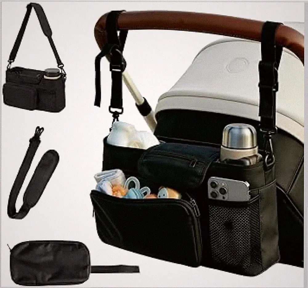 Kinderwagen Organizer Tasche isolierter Getränkehalter Schultergurt Schwarz