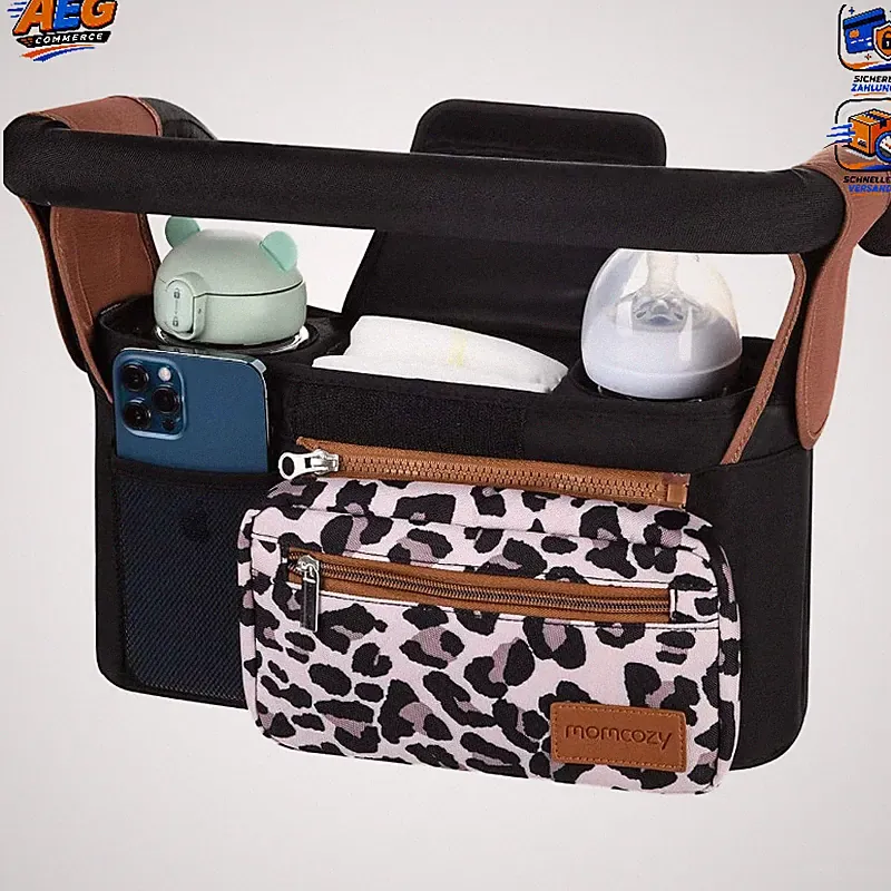 Kinderwagen Organizer Universal mit Getränkehalter und Reißverschluss Tasche