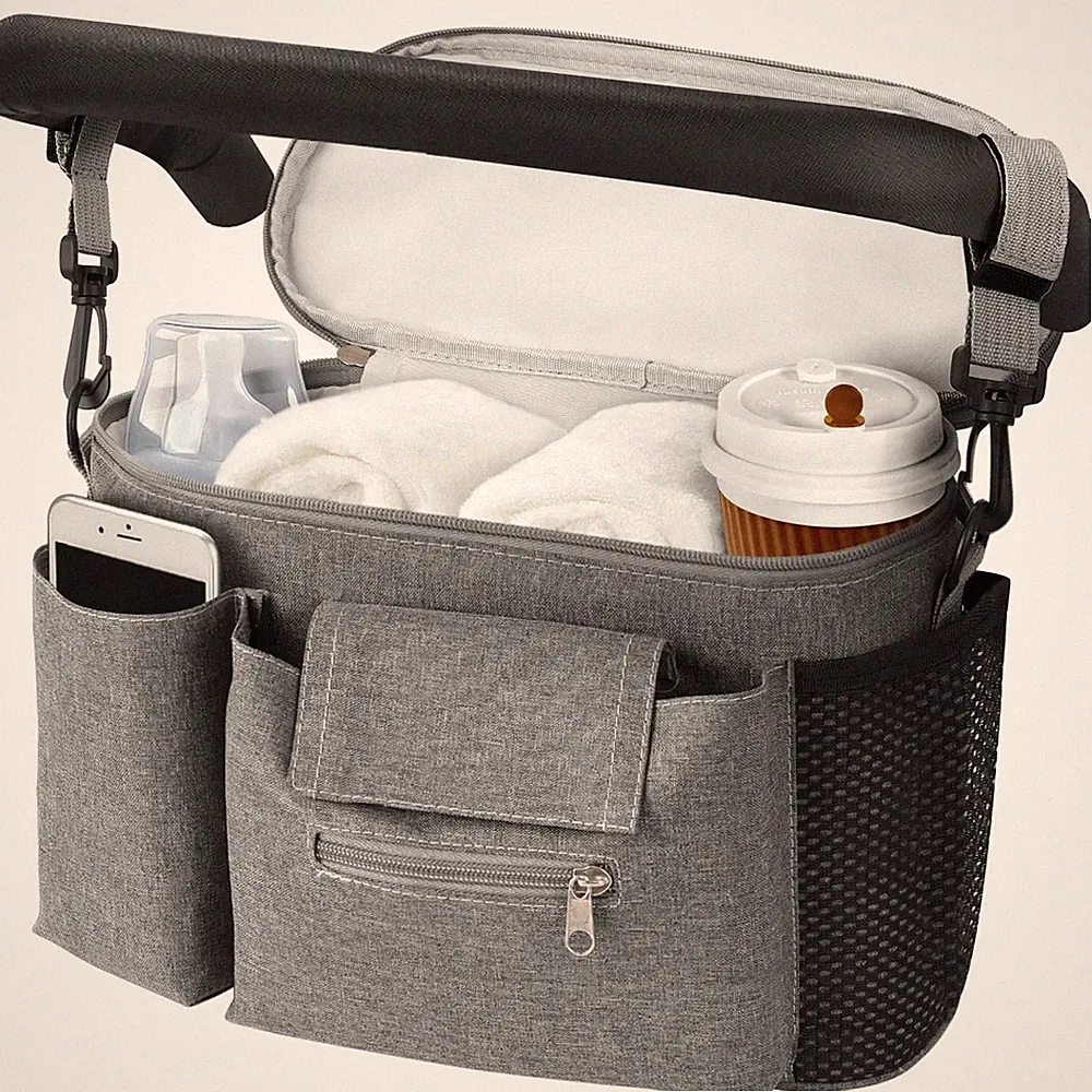 Kinderwagen Organizer Universal mit Isoliertem Getränkehalter Grau Windeltasche