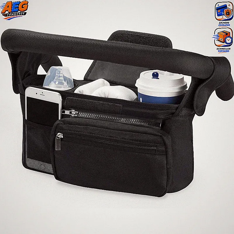 Kinderwagen Organizer Universal Schwarz mit Getränkehalter für Kinderwagen