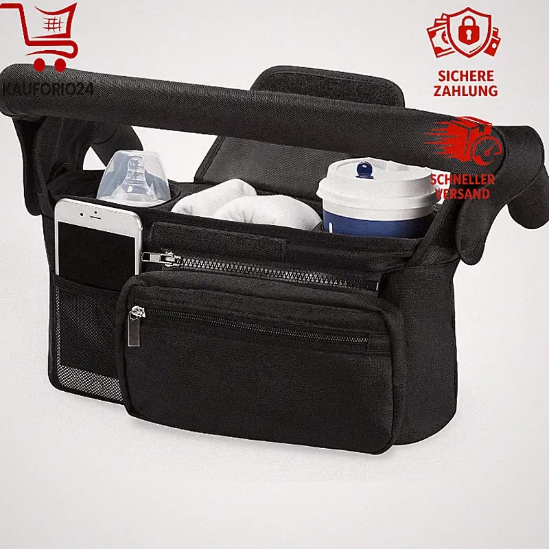 Kinderwagen Organizer Universal Schwarz mit Getränkehalter Reißverschlusstasche
