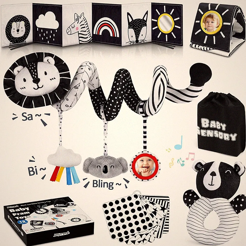Kinderwagen Spielzeug Stoffbuch schwarz weiß Kontrast Baby Sensorik Knisterbuch