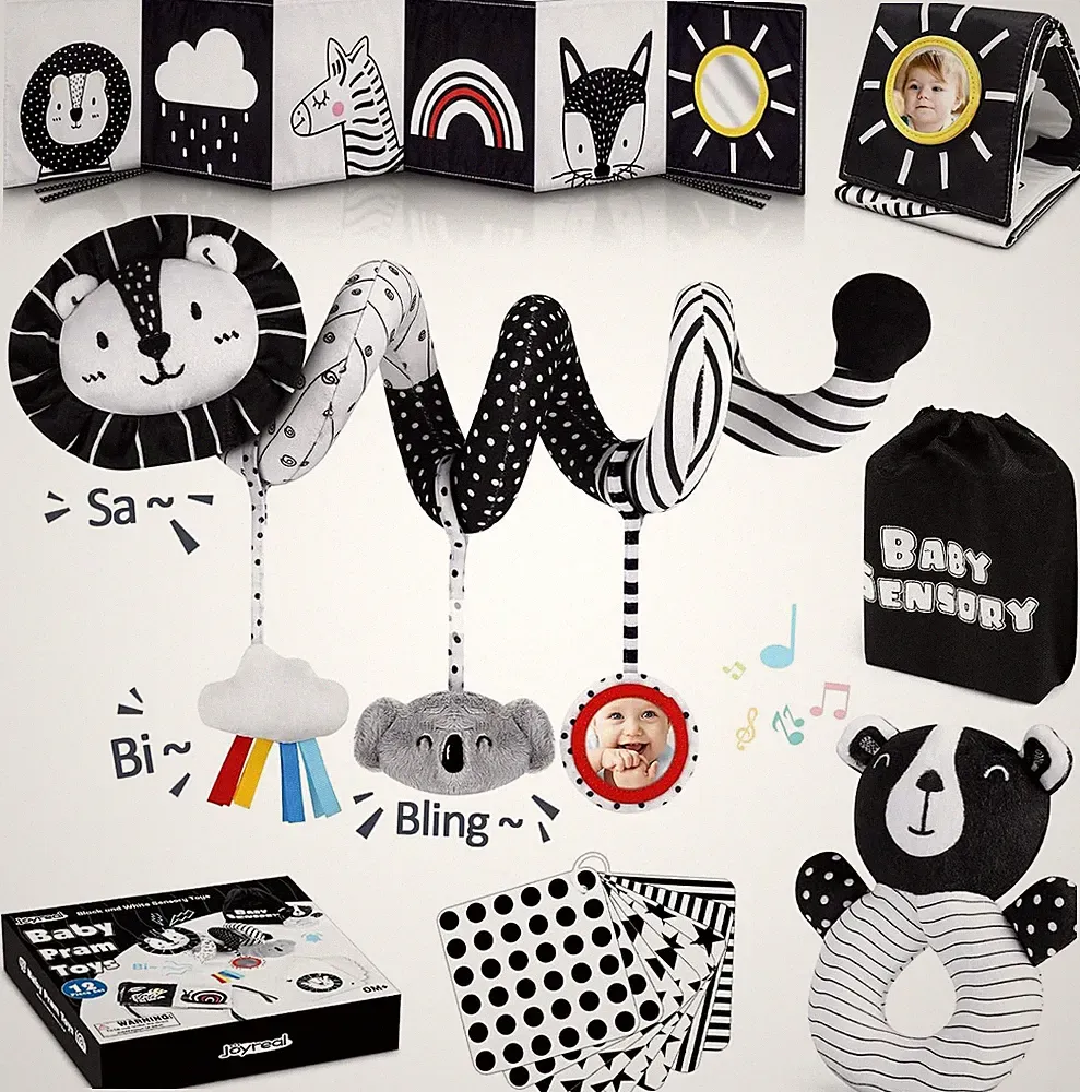 Kinderwagen Spielzeug Stoffbuch Schwarz Weiss Kontrastbuch Sensorik Neugeborenen