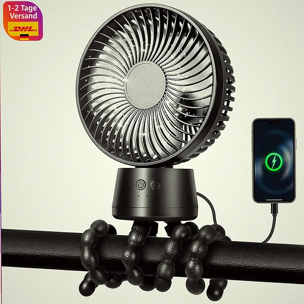 Kinderwagen Ventilator 10000mAh USB Rotierend 3 Geschwindigkeiten mit LED Licht
