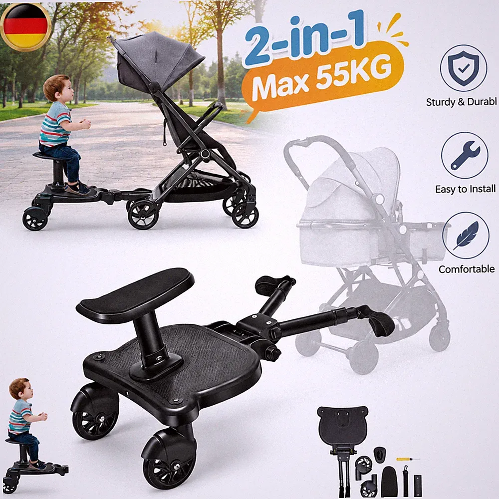 Kinderwagen Zubehör Buggy Board 2-in-1 mit Sitz 55 kg Tragfähigkeit 360° DE