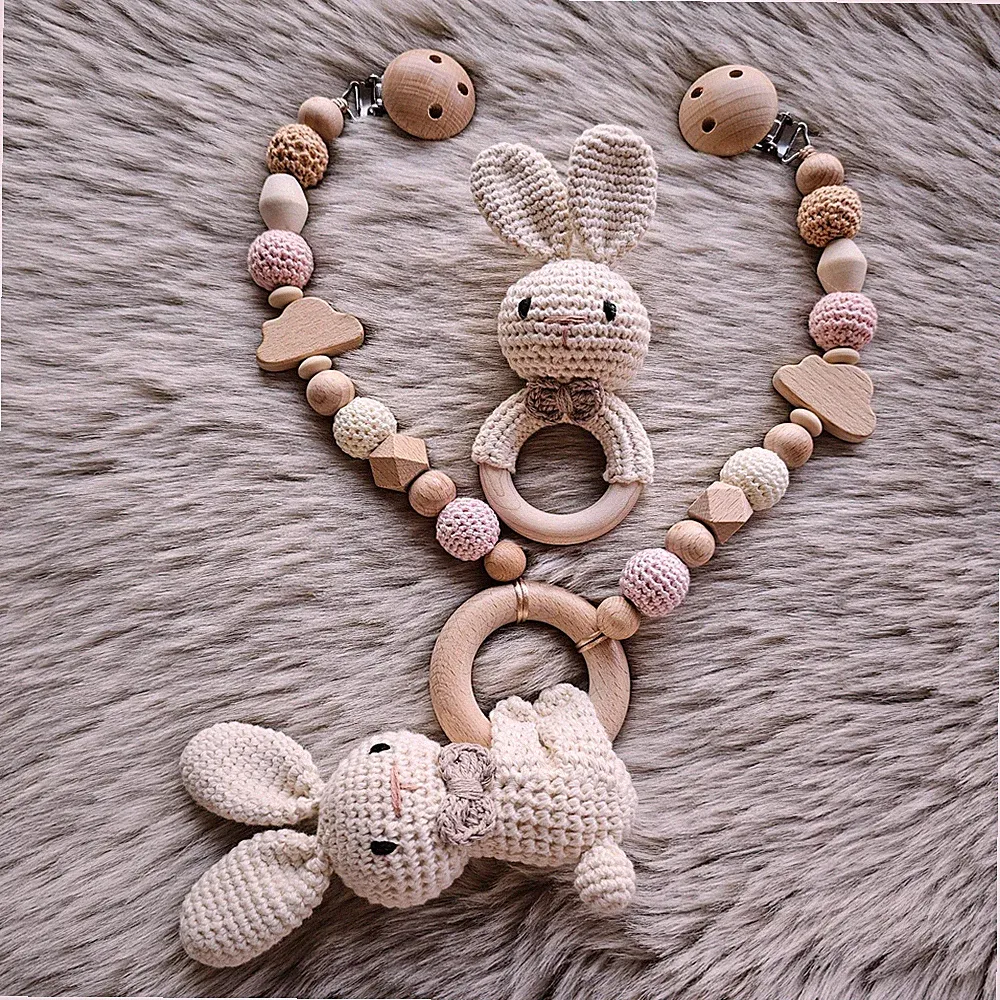 Kinderwagenkette 2er Set Hase mit Greifring Geschenk zur Geburt Holz Natur