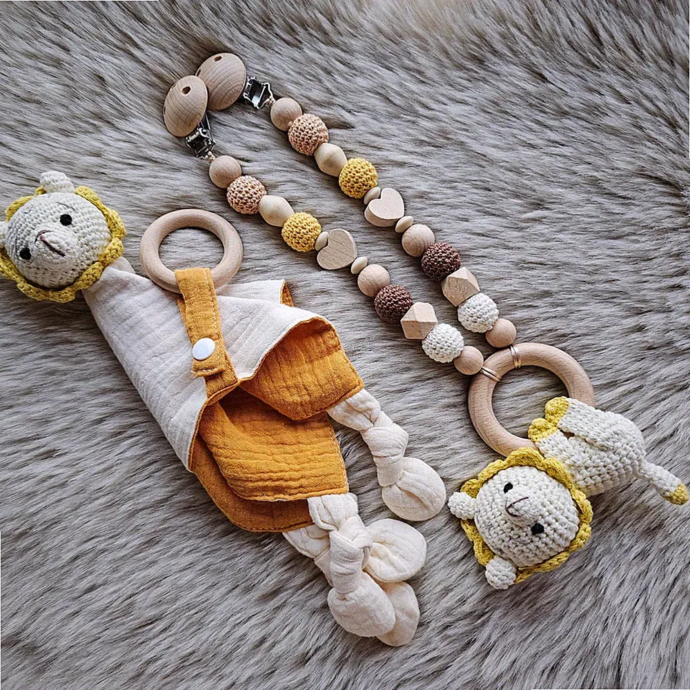 Kinderwagenkette 2er Set Löwe Schmusetuch mit Glöckchen Geschenk zur Geburt