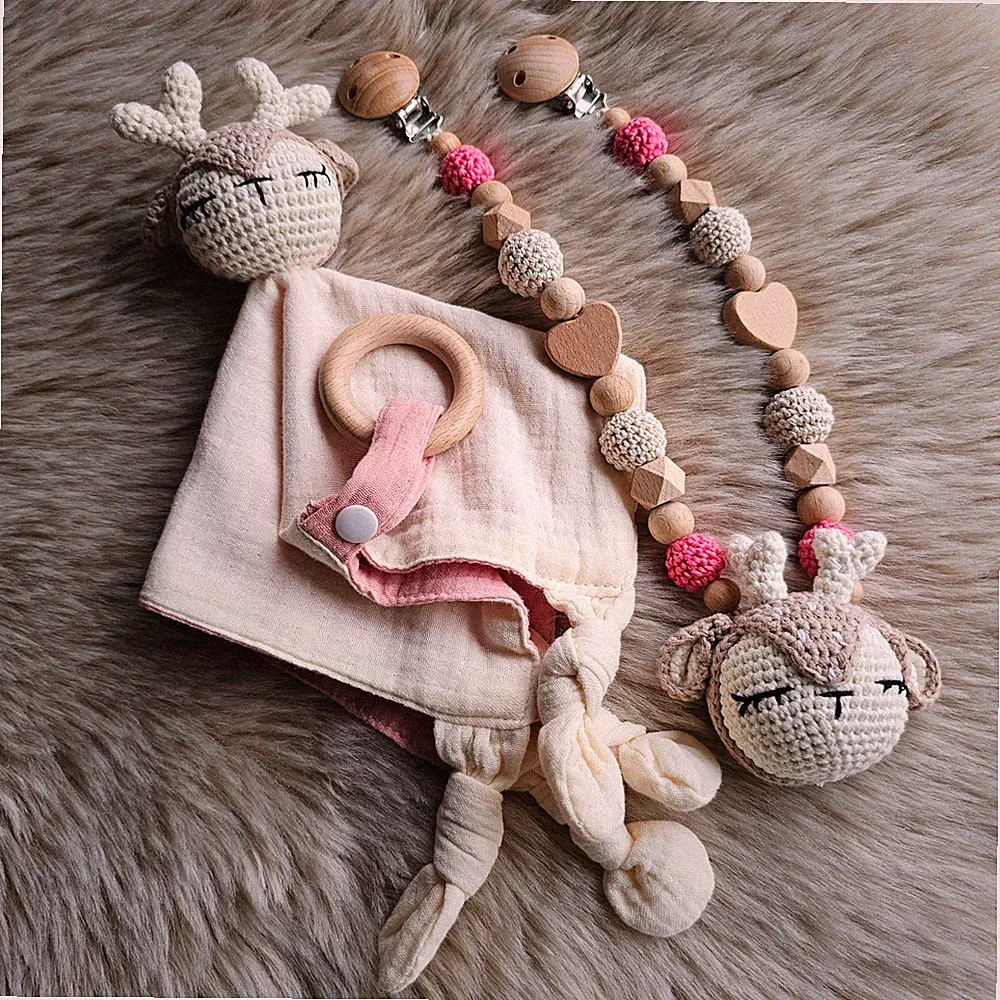 Kinderwagenkette 2er Set Reh Schmusetuch mit Glöckchen Geschenk zur Geburt