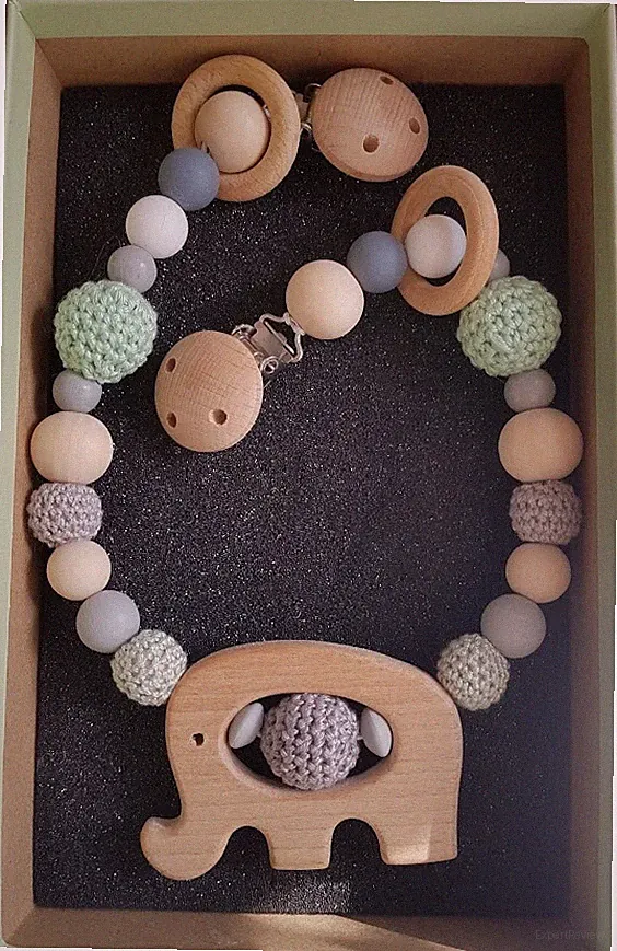 Kinderwagenkette , grau grün, mit Elefant