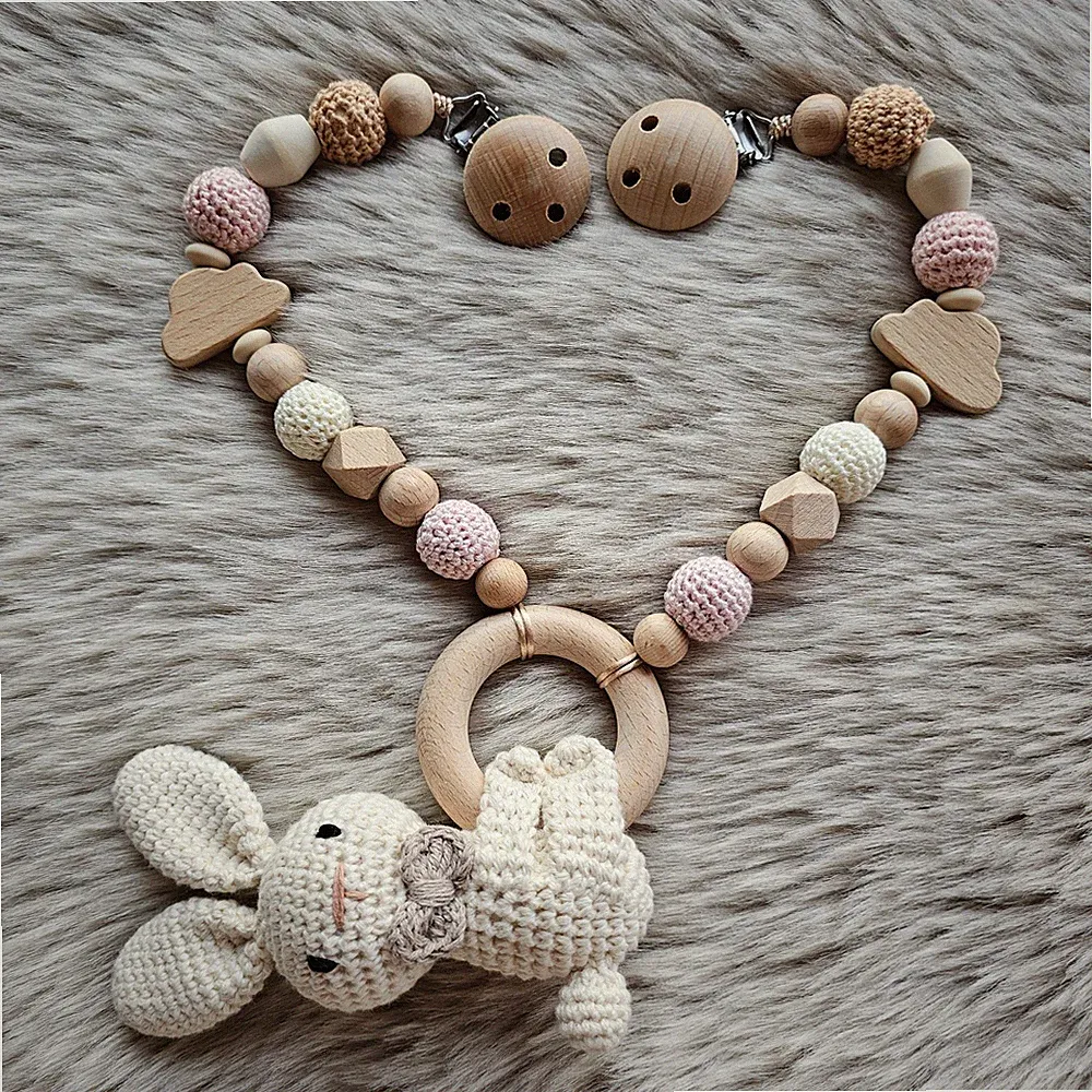 Kinderwagenkette Hase Maxi Cosi Kette Holz Baumwolle für Mädchen und Junge
