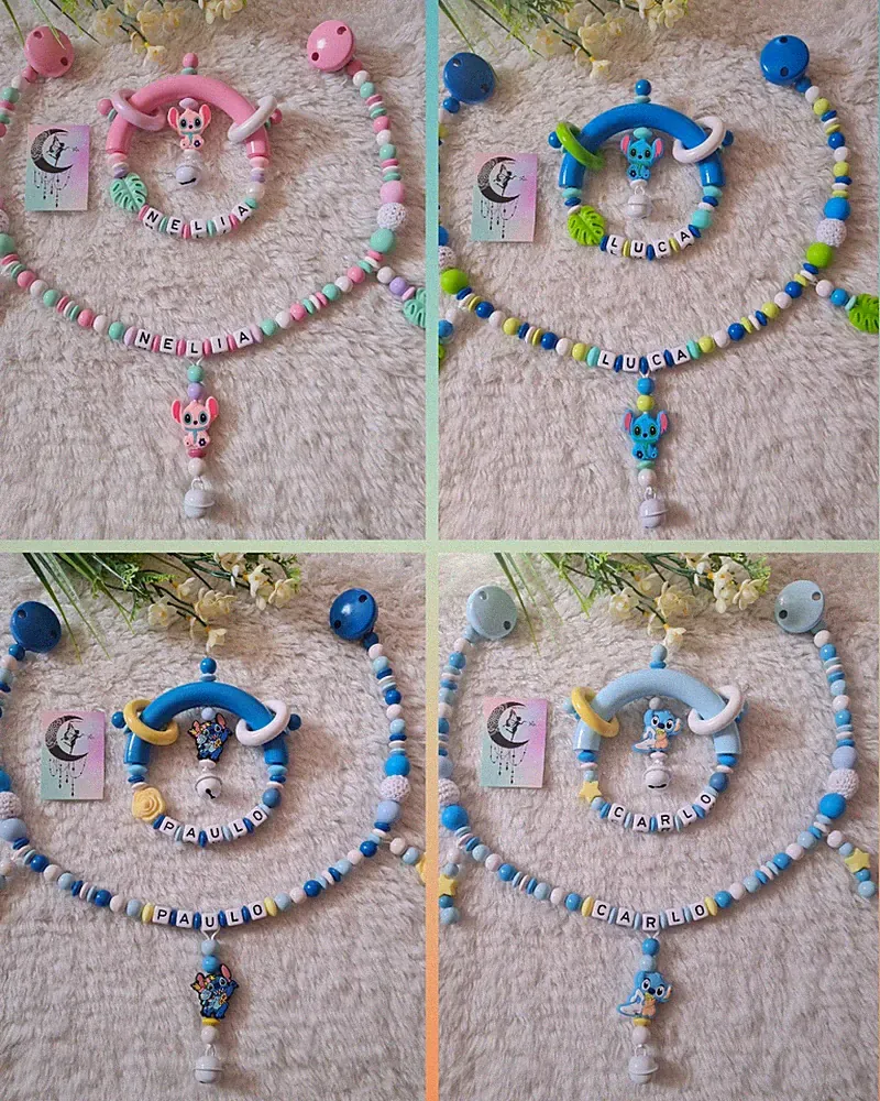 Kinderwagenkette mit Namen, Greifring mit Namen, Stitch, inkl. Organzasäckchen
