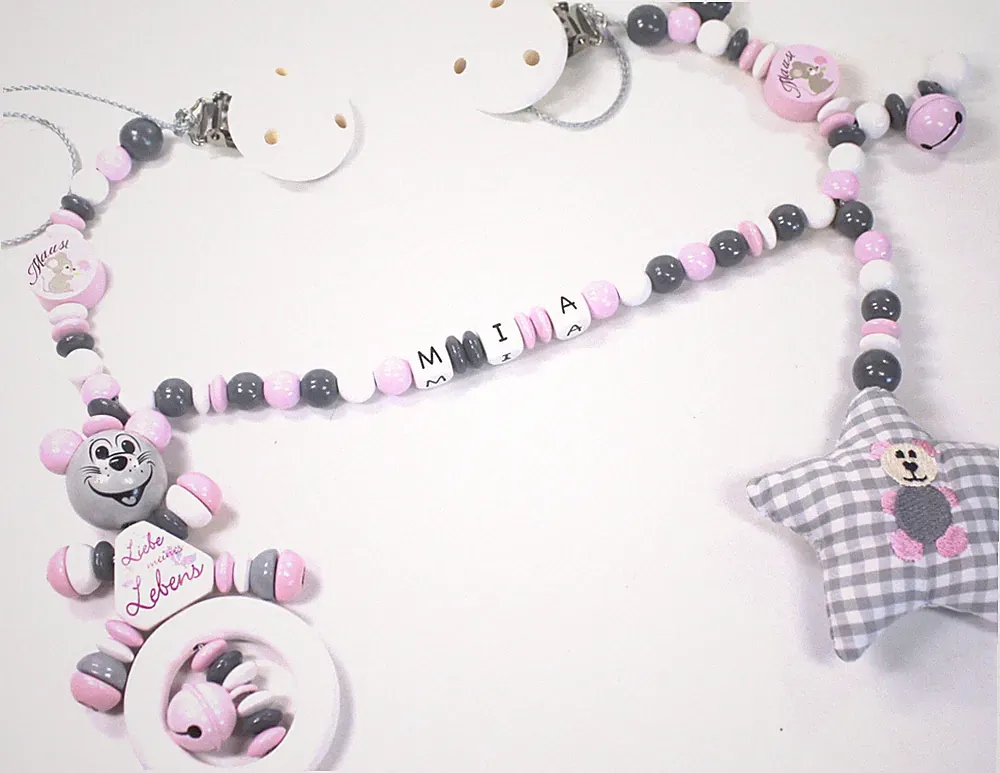 Kinderwagenkette mit Namen Maus Baby Mädchen Mausi rosa grau