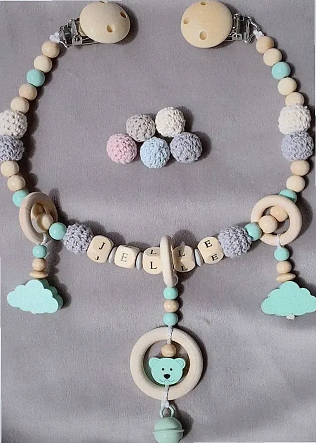 Kinderwagenkette Mit Namen Set ★ Häckelperle ★ Teddy ★rosa