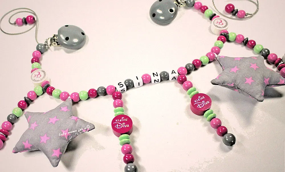 Kinderwagenkette mit Namen Stoffstern Knutschkugel Mädchen grau pink