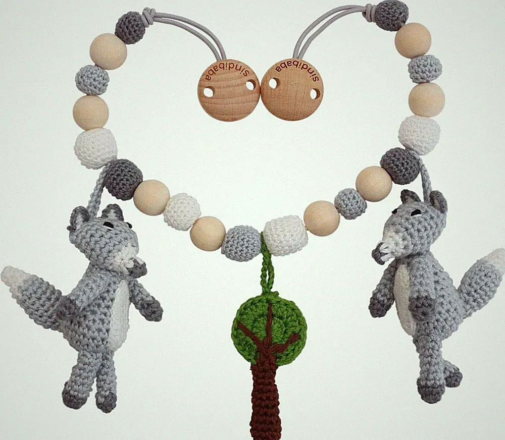 Kinderwagenkette +Rassel SindiBaba Wolf, Baby, Kuscheltier Fuchs, Babyspielzeug
