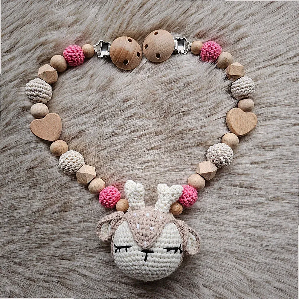 Kinderwagenkette Reh Maxi Cosi Kette Holz Baumwolle für Mädchen und Junge