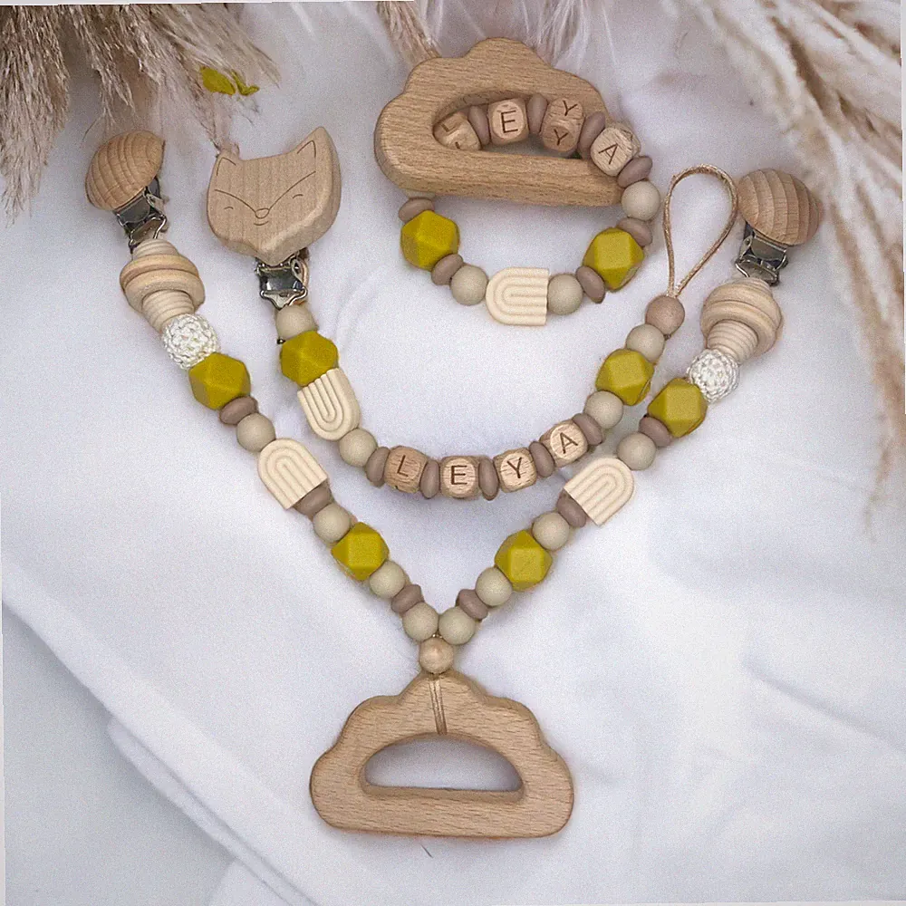 Kinderwagenkette Schnullerkette Greifling Set mit Namen Junge Mädchen zu Geburt