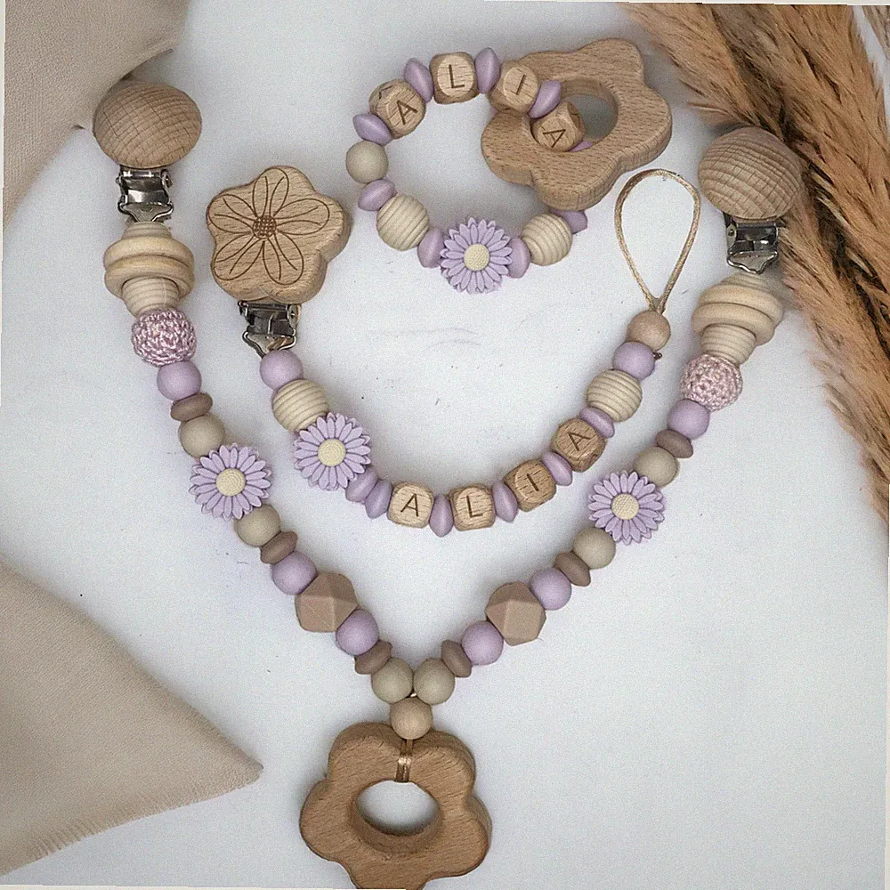 Kinderwagenkette Schnullerkette Greifling Set mit Namen Junge Mädchen zu Geburt