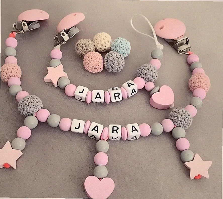 Kinderwagenkette + Schnullerkette mit Namen Rosa Mädchen Glöckchen Baby Taufe