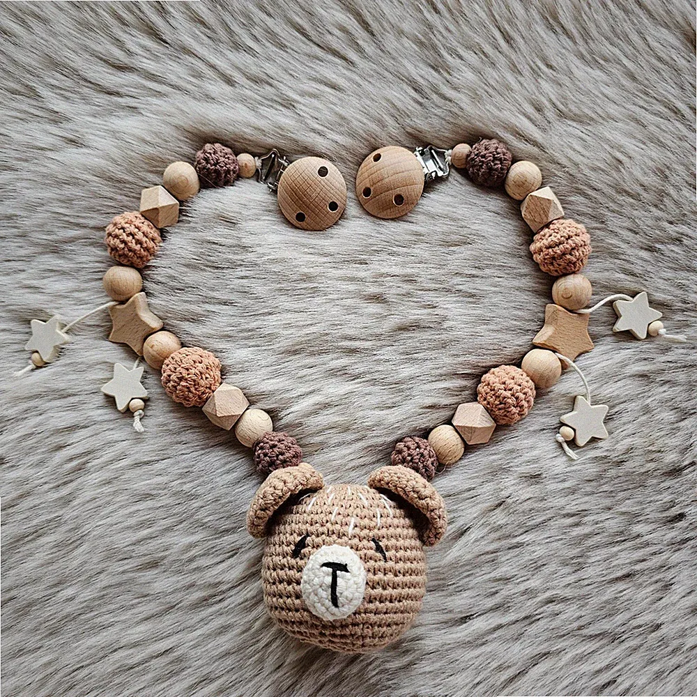 Kinderwagenkette Teddy Bär Maxi Cosi Kette Holz Baumwolle für Mädchen und Junge
