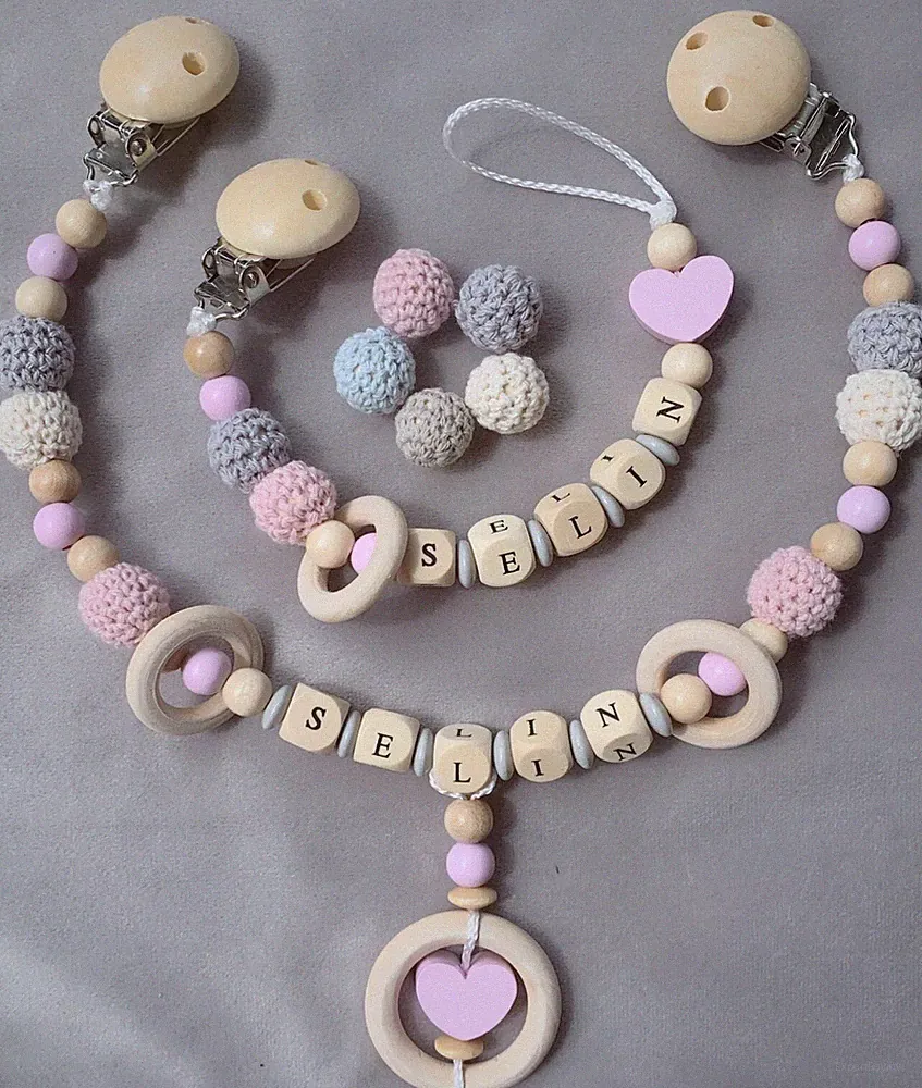 Kinderwagenkette Und Schnullerkette Mit Namen Set ★ Häckelperle★Herz ★rosa