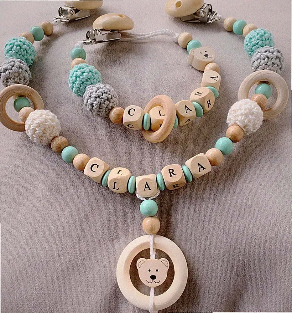 Kinderwagenkette Und Schnullerkette Mit Namen Set ★ Häckelperle Mint Grau Teddy