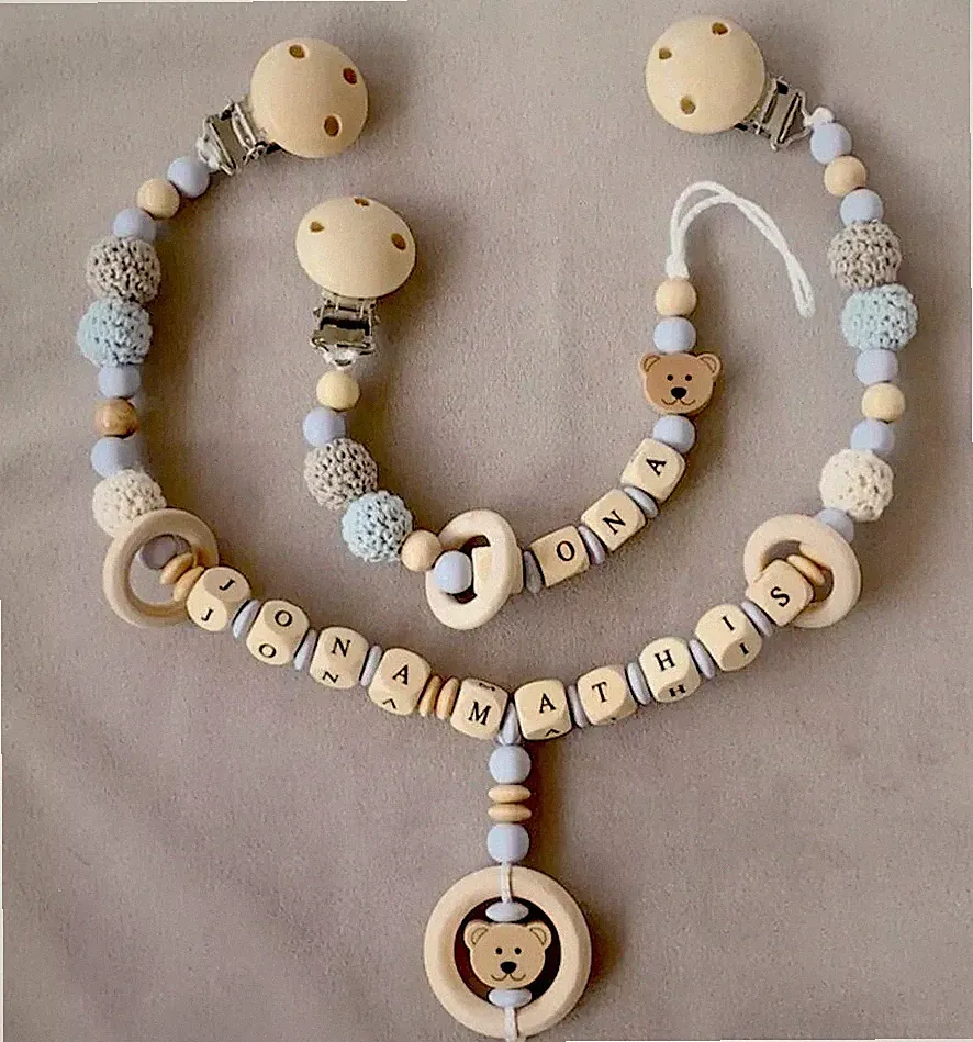 Kinderwagenkette Und Schnullerkette Mit Namen Set ★ Häckelperle★ Teddy ★blau