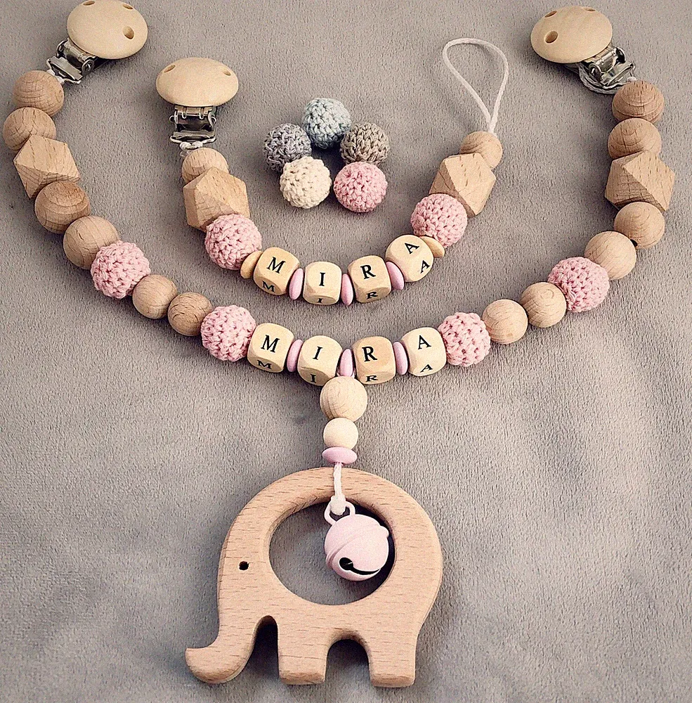Kinderwagenkette Und Schnullerkette Mit Namen Set ★ Häckelperleu★ Elefant ★rosa
